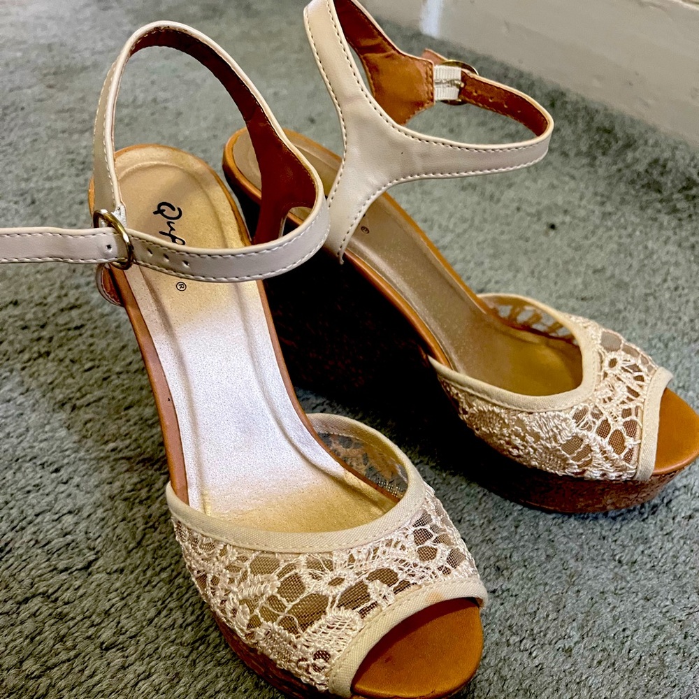Ivory/beige lace peep toe wedge with ankle strap